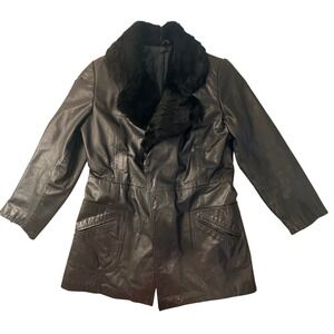VTG 90s Y2K Pennylane Black Leather Rabbit Fur Open Front Jacket Women Midi Coat